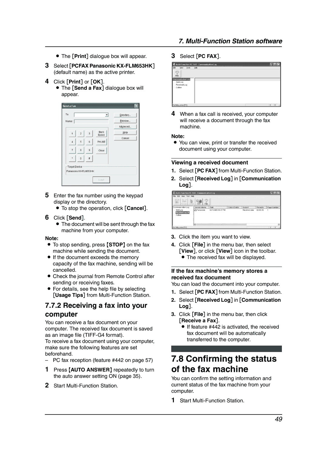 Panasonic KX-FLM653HK manual Confirming the status of the fax machine, Receiving a fax into your computer 