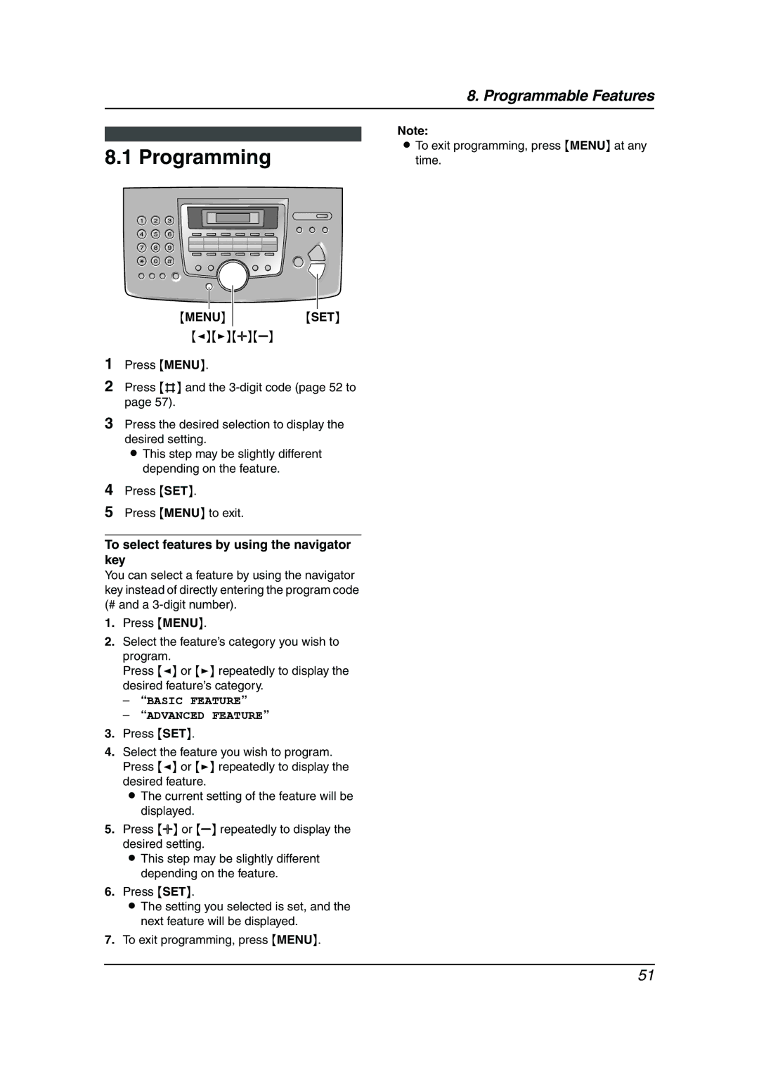 Panasonic KX-FLM653HK Programming, Menu SET, To select features by using the navigator key, Basic Feature Advanced Feature 