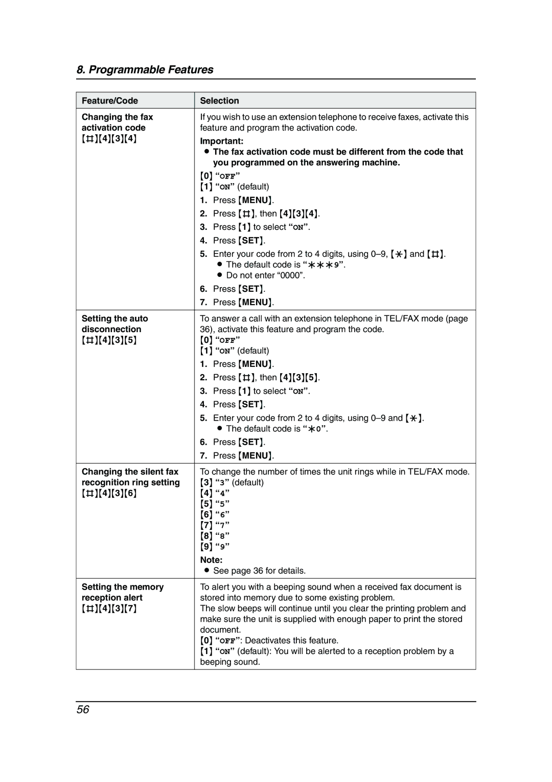 Panasonic KX-FLM653HK manual Feature/Code Selection Changing the fax 