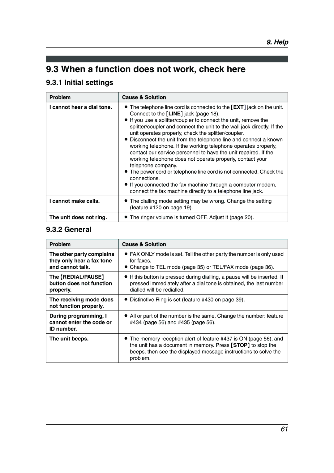 Panasonic KX-FLM653HK manual When a function does not work, check here, Initial settings, General 