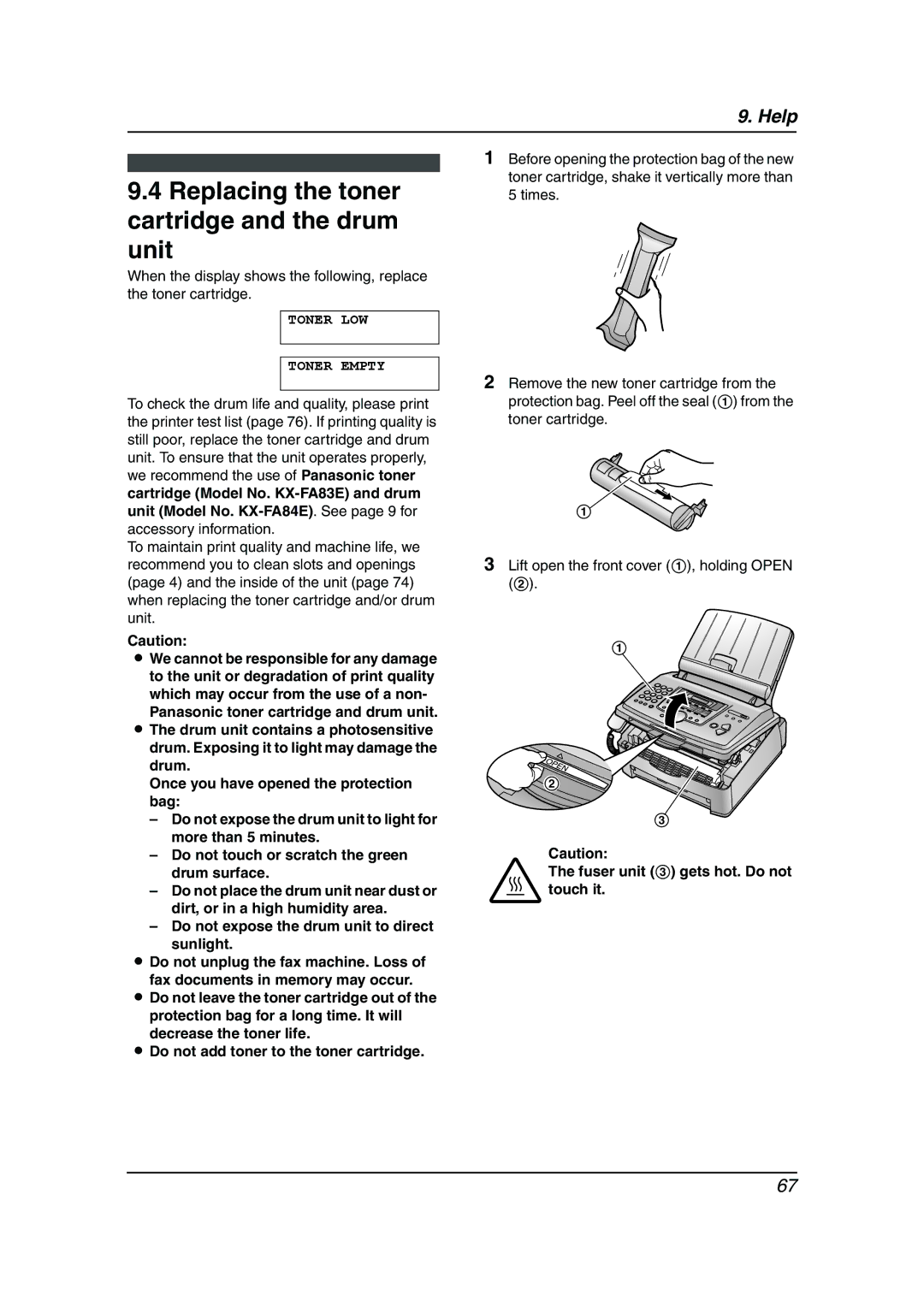 Panasonic KX-FLM653HK manual Replacing the toner cartridge and the drum unit, Toner LOW Toner Empty 