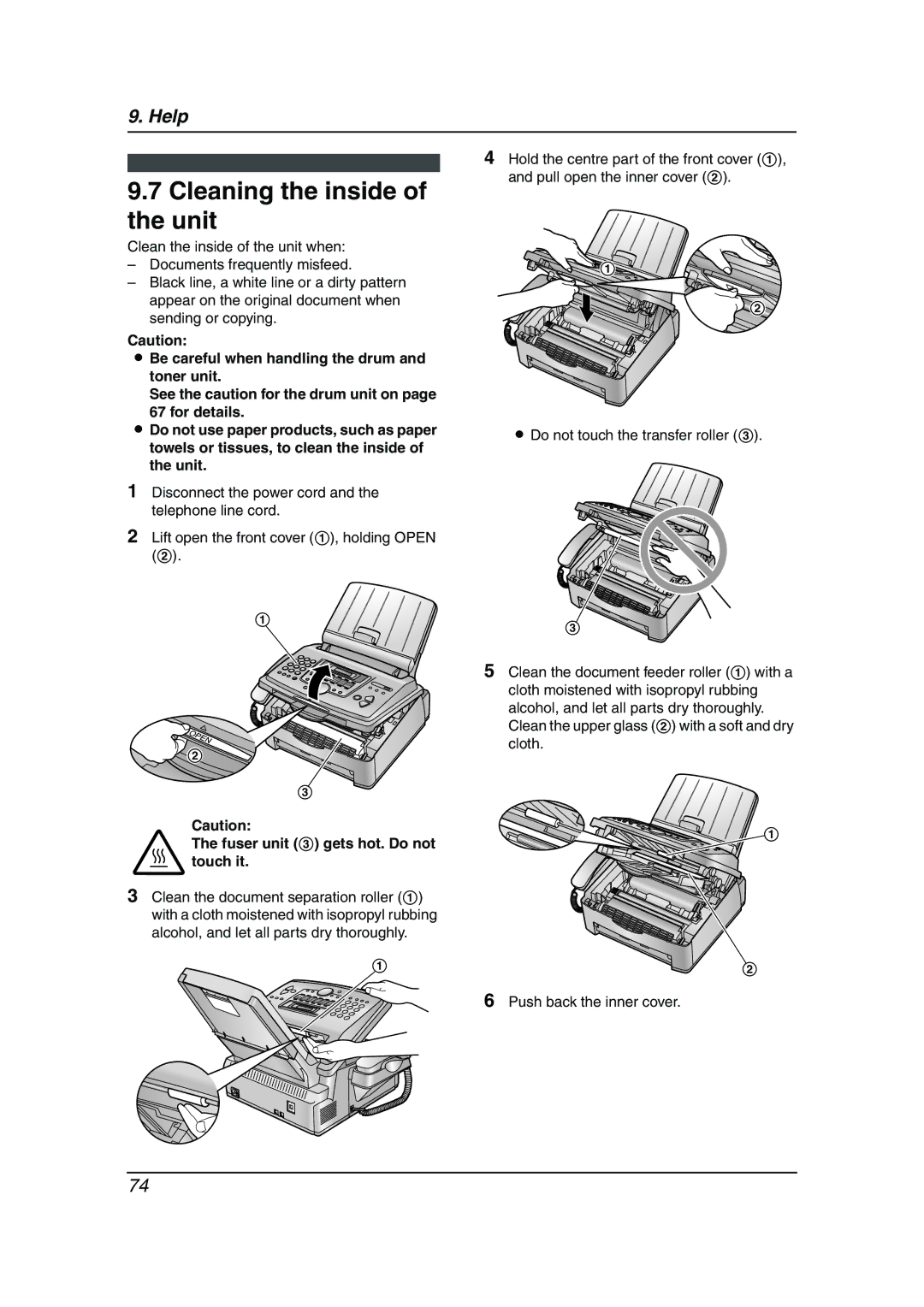 Panasonic KX-FLM653HK manual Cleaning the inside of the unit, Fuser unit 3 gets hot. Do not touch it 