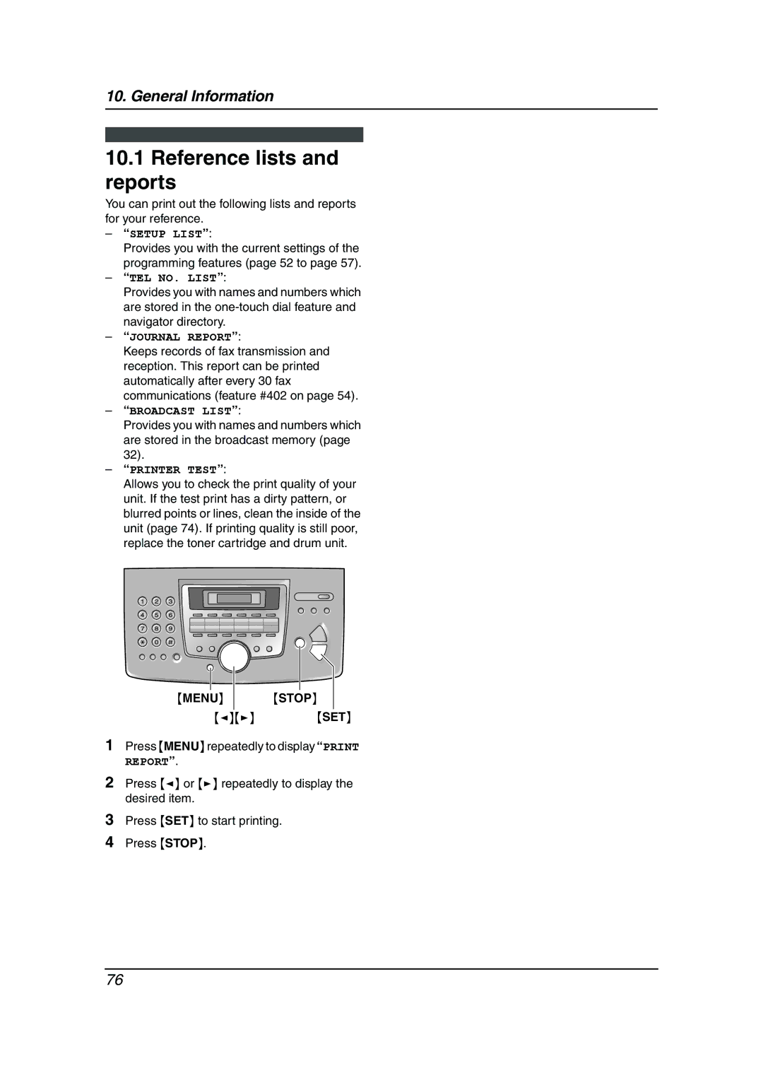 Panasonic KX-FLM653HK manual Reference lists and reports, Menu Stop 
