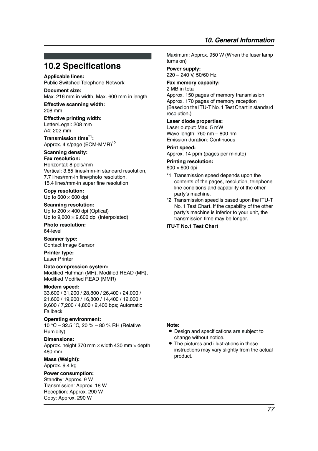 Panasonic KX-FLM653HK manual Specifications 