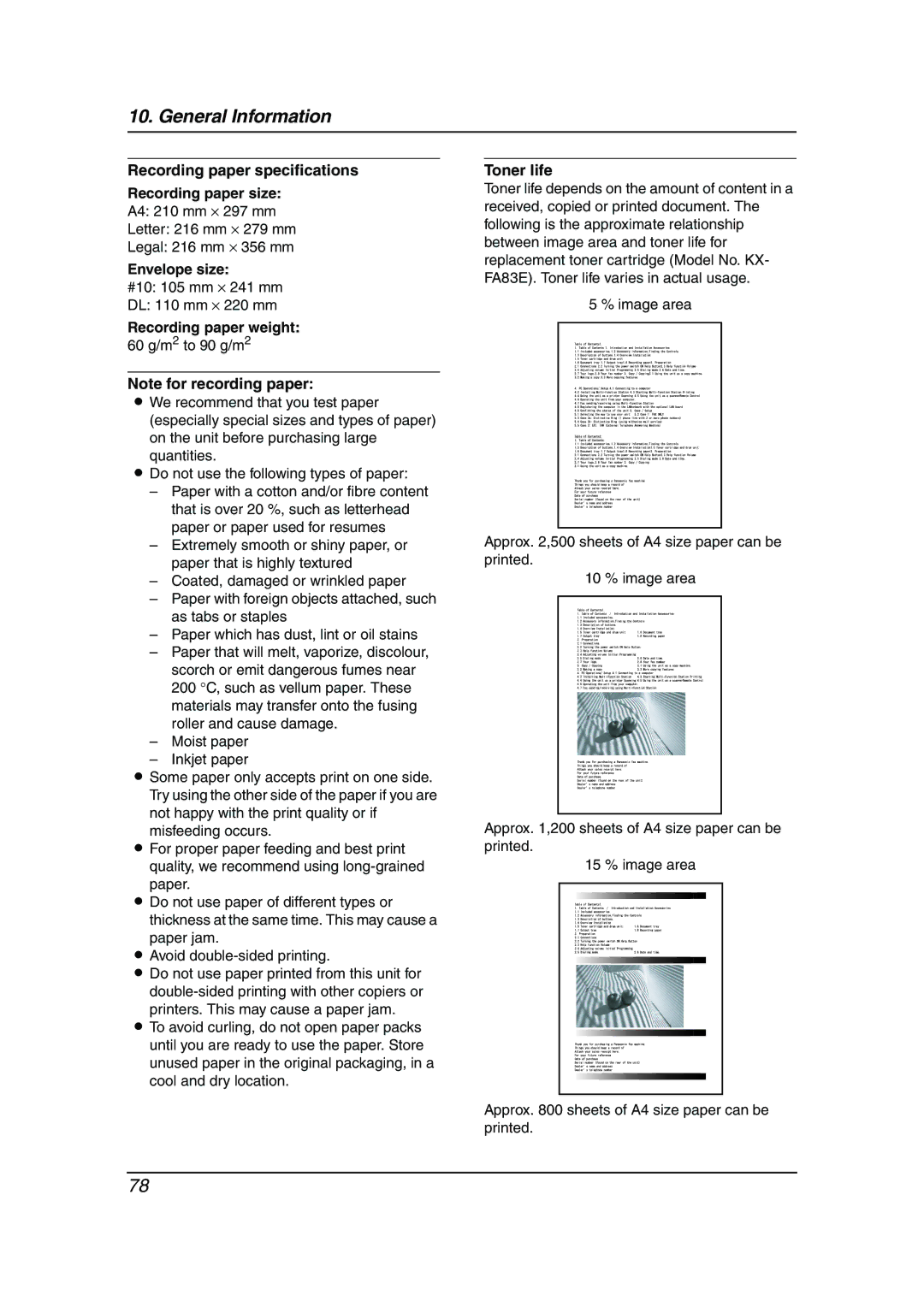 Panasonic KX-FLM653HK manual Recording paper specifications Recording paper size, Envelope size, Recording paper weight 