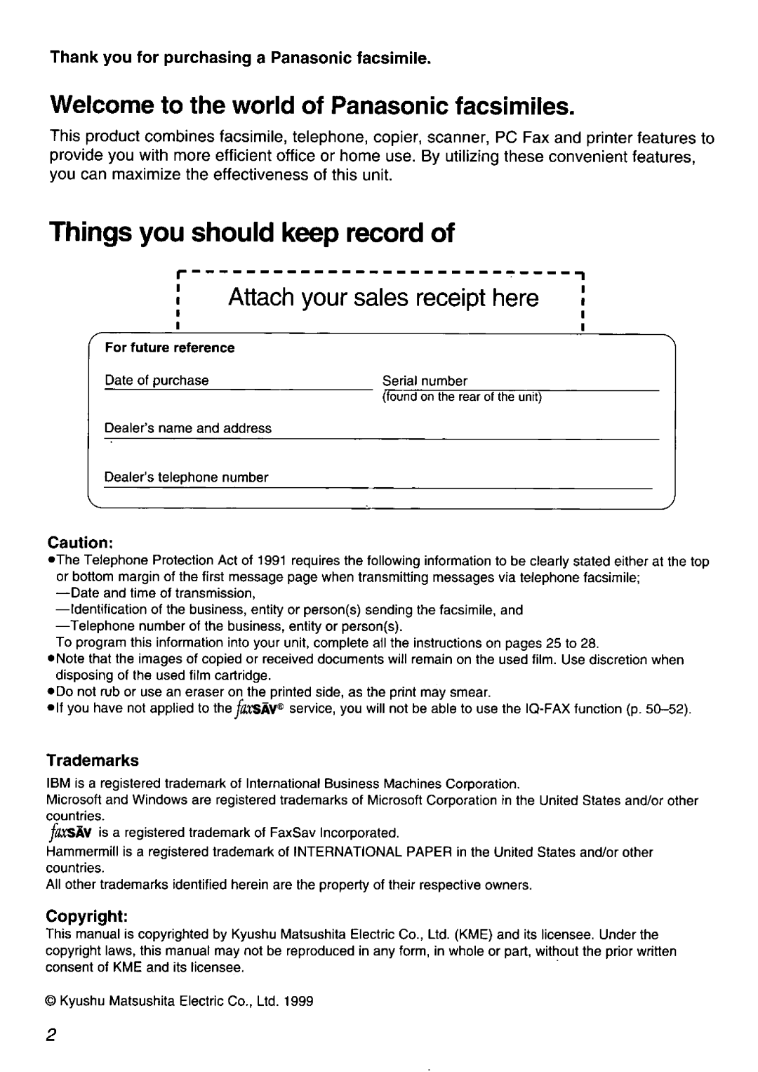 Panasonic KX-FM106 manual 