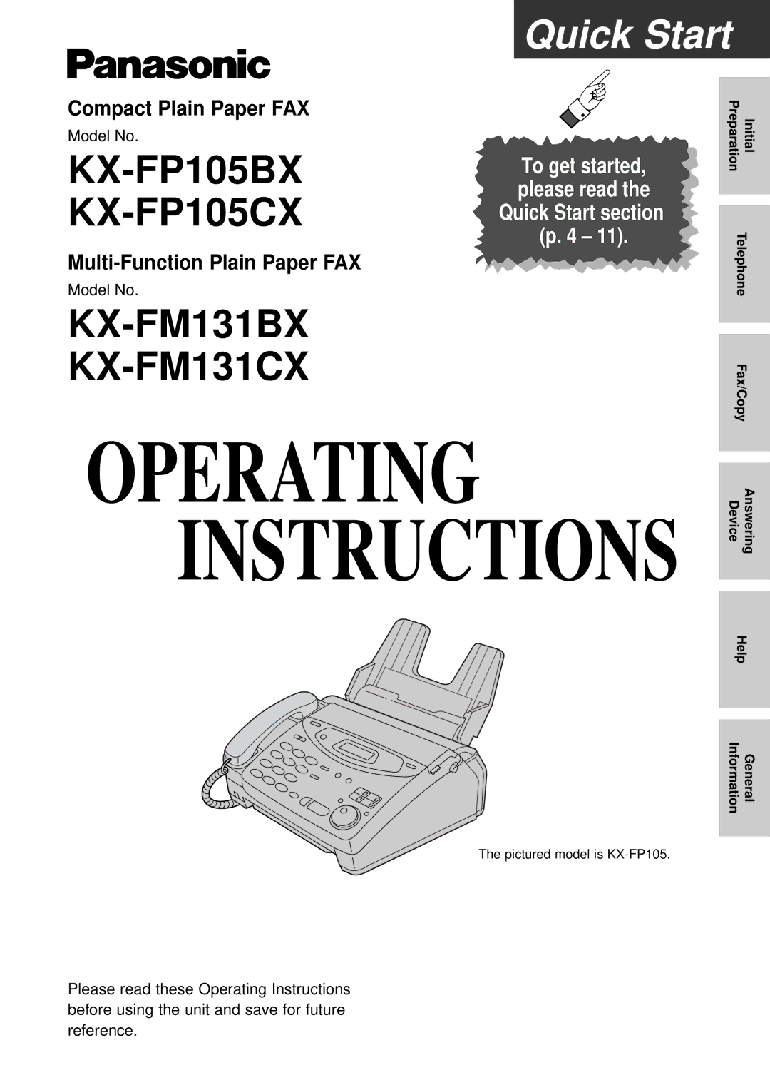 Panasonic KX-FM131CX, KX-FP105CX operating instructions Initial, Telephone Fax/Copy Device Answering Help, General 