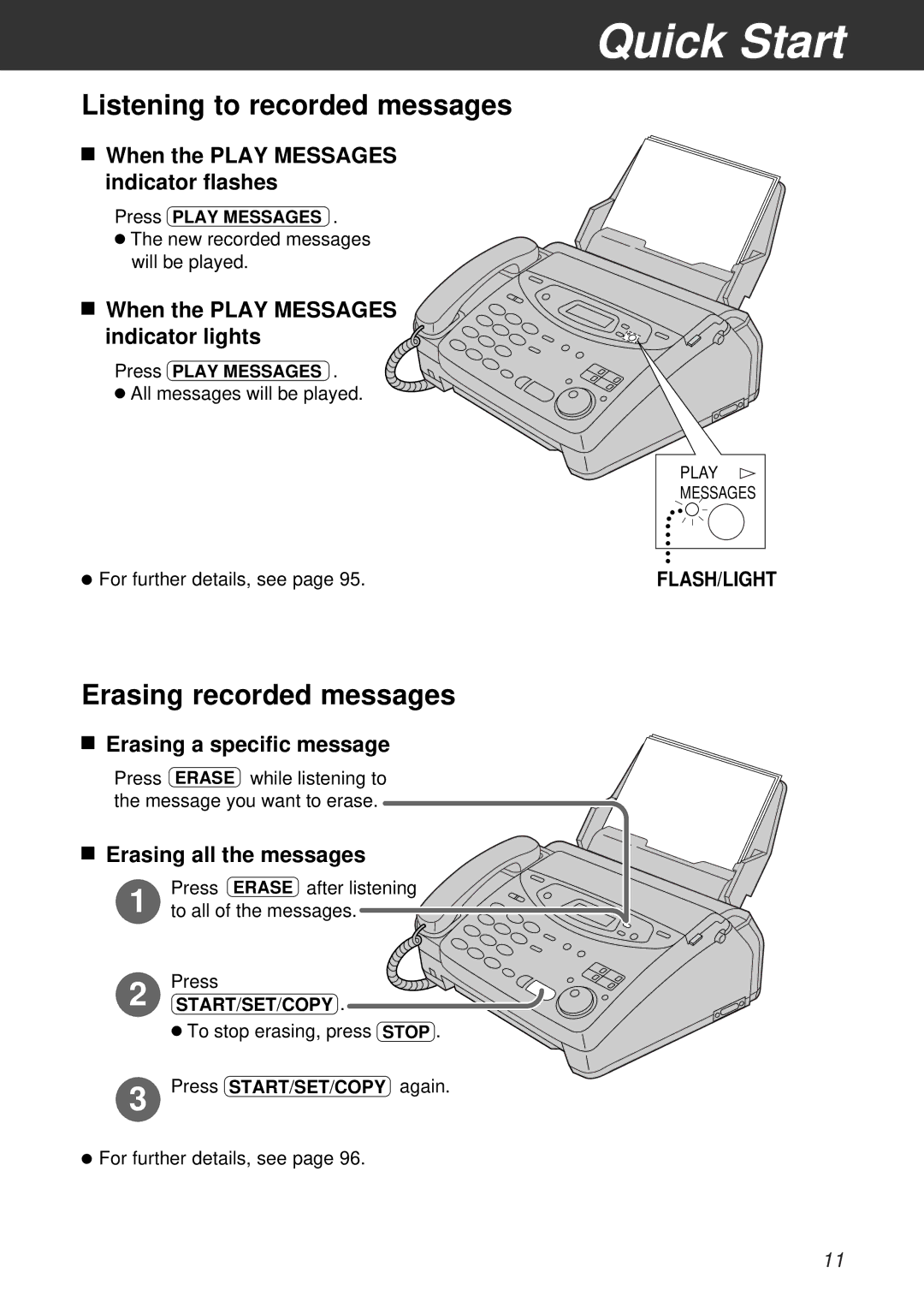 Panasonic KX-FM131BX, KX-FP105CX, KX-FM131CX, KX-FP105BX Listening to recorded messages, Erasing recorded messages 