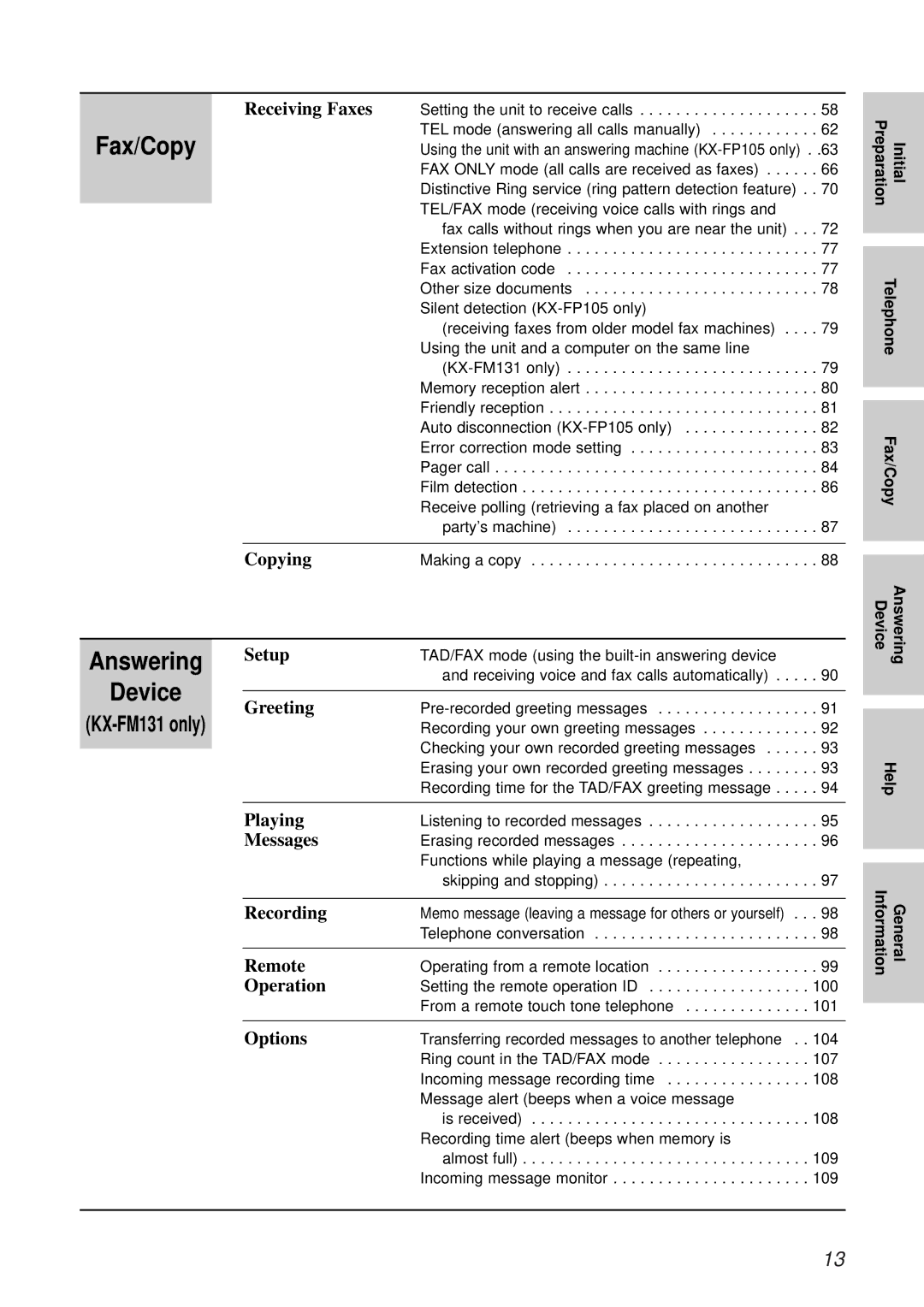 Panasonic KX-FM131CX, KX-FP105CX, KX-FP105BX, KX-FM131BX operating instructions Answering, KX-FM131 only 