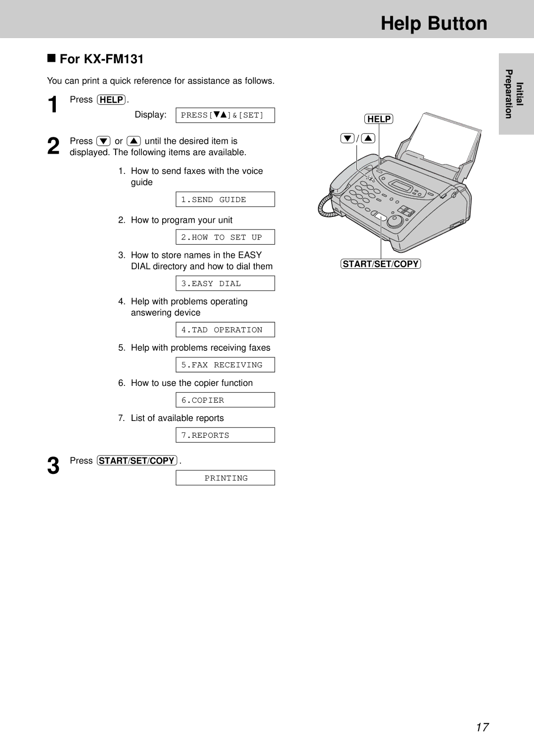 Panasonic KX-FM131CX, KX-FP105CX, KX-FP105BX, KX-FM131BX operating instructions Help Button, For KX-FM131 