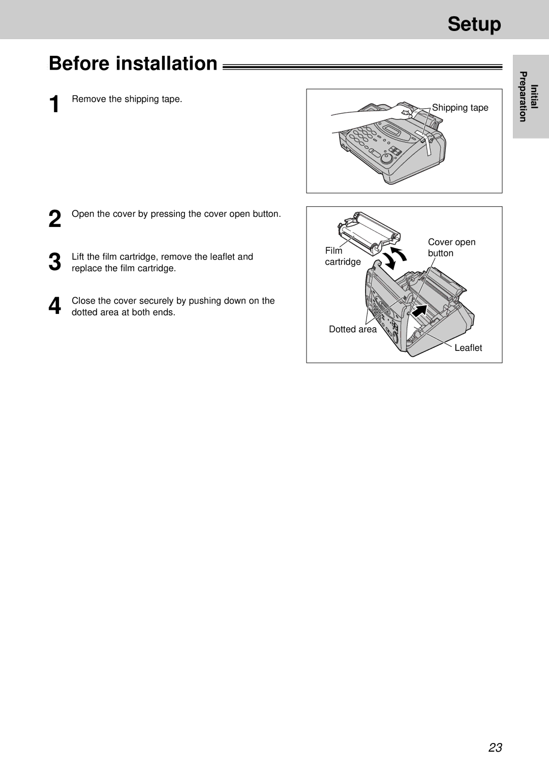 Panasonic KX-FM131BX, KX-FP105CX, KX-FM131CX, KX-FP105BX operating instructions Before installation Setup, Shipping tape 