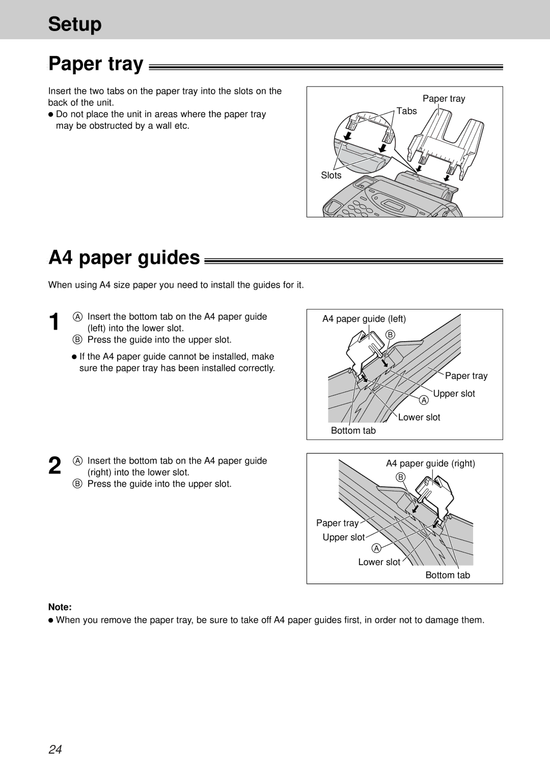 Panasonic KX-FP105CX, KX-FM131CX, KX-FP105BX, KX-FM131BX operating instructions Setup Paper tray, A4 paper guides 