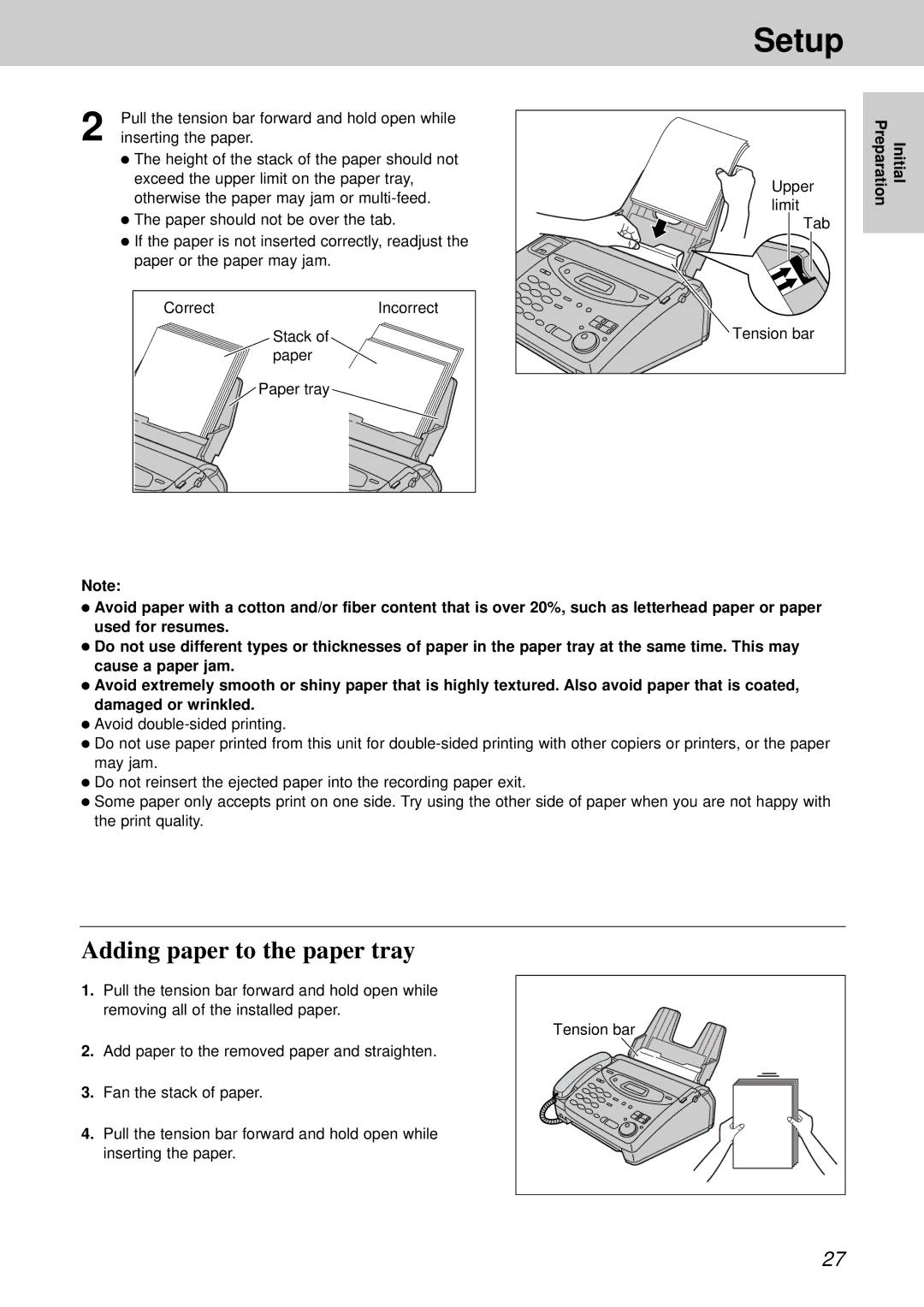 Panasonic KX-FM131BX, KX-FP105CX, KX-FM131CX, KX-FP105BX operating instructions Adding paper to the paper tray 