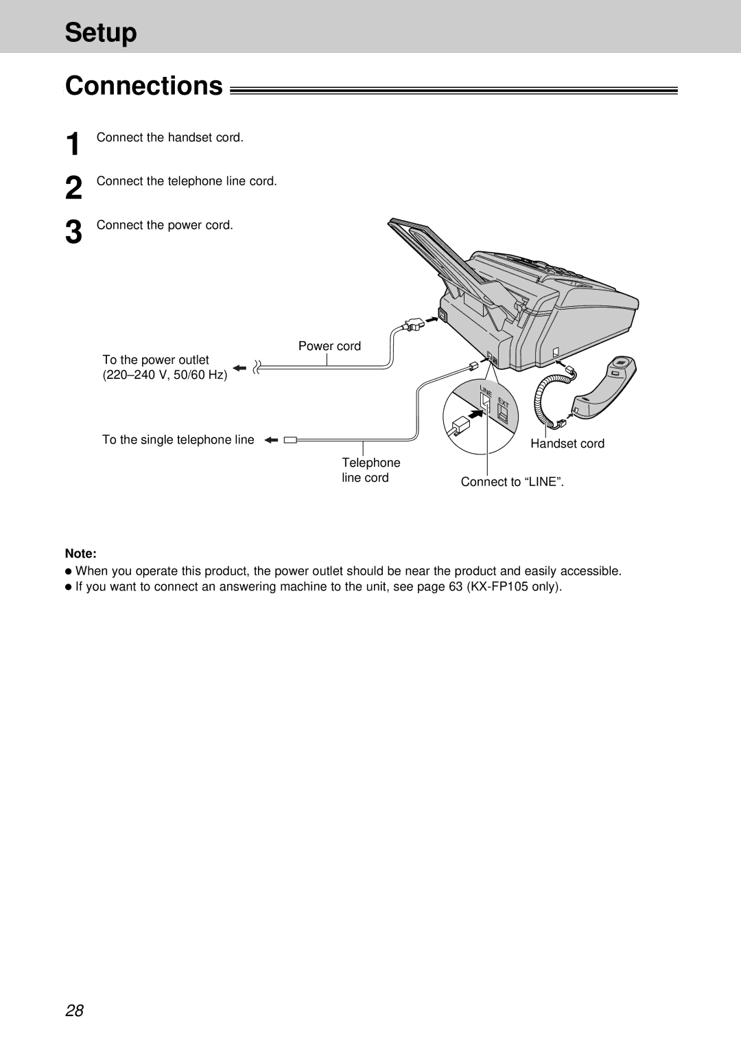 Panasonic KX-FP105CX, KX-FM131CX, KX-FP105BX, KX-FM131BX operating instructions Setup Connections 