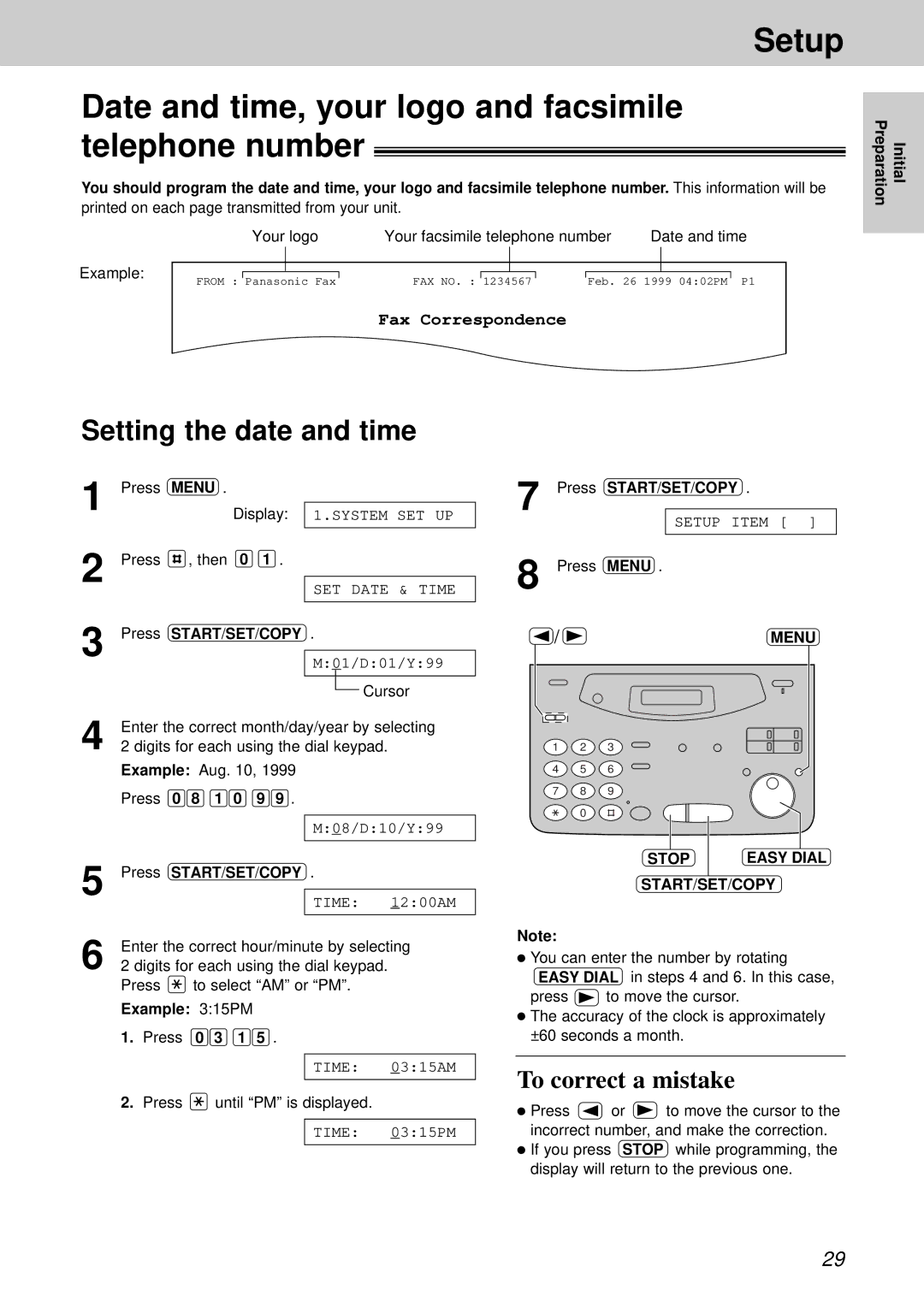 Panasonic KX-FM131CX Setting the date and time, To correct a mistake, Menu, Example 315PM, Stop Easy Dial START/SET/COPY 