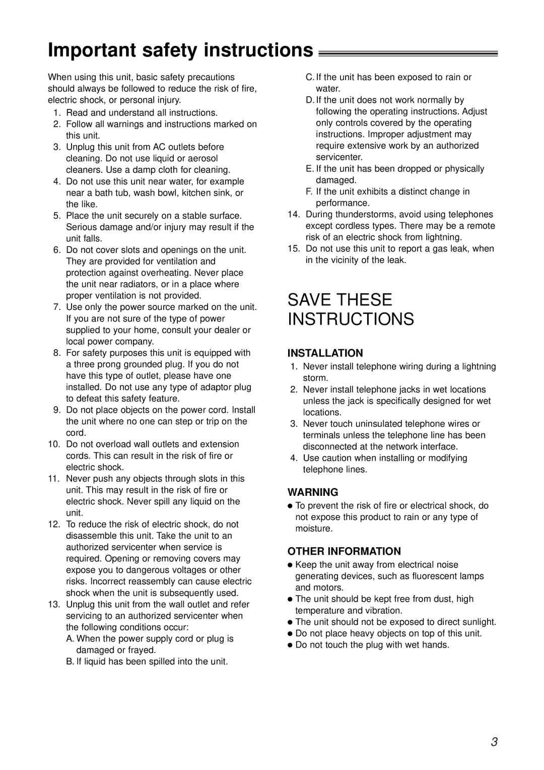 Panasonic KX-FM131BX, KX-FP105CX, KX-FM131CX, KX-FP105BX Important safety instructions, Save These Instructions 