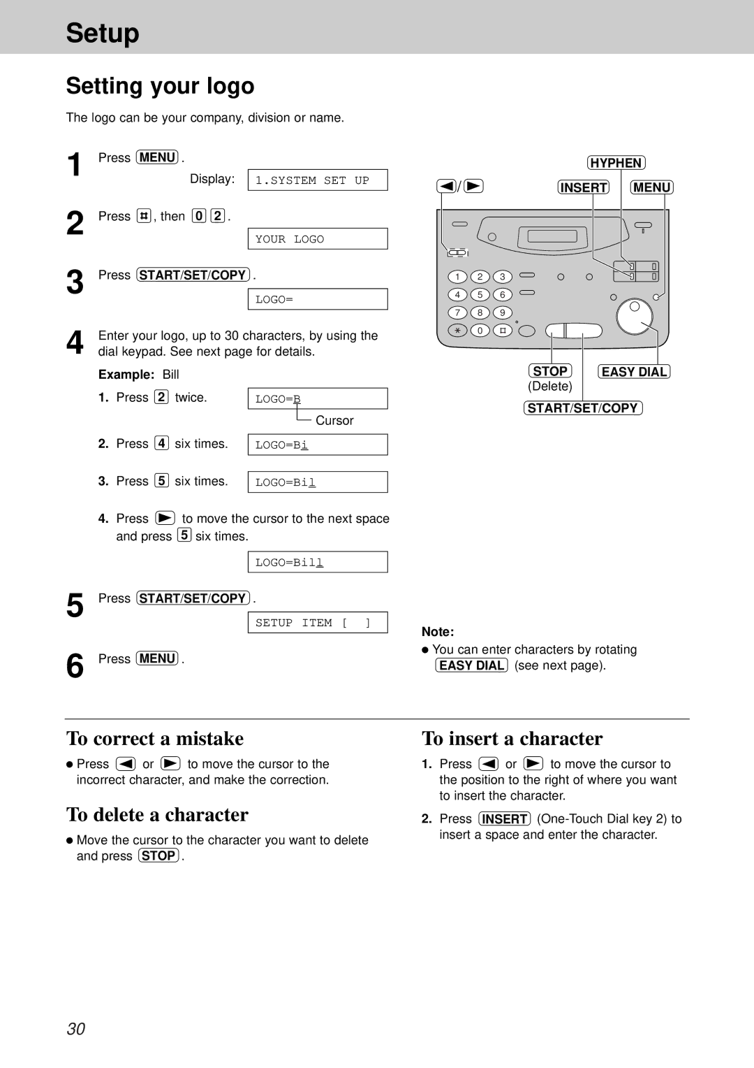 Panasonic KX-FP105BX Setting your logo, To insert a character, To delete a character, Hyphen Insert Menu Stop Easy Dial 