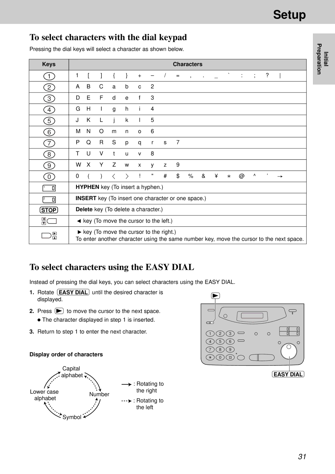 Panasonic KX-FM131BX To select characters with the dial keypad, To select characters using the Easy Dial, Keys Characters 