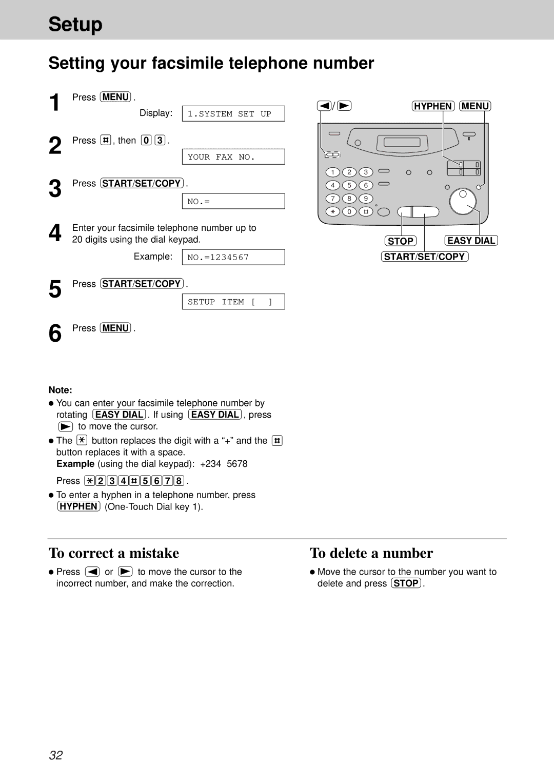 Panasonic KX-FP105CX Setting your facsimile telephone number, To correct a mistake To delete a number, Hyphen Menu 