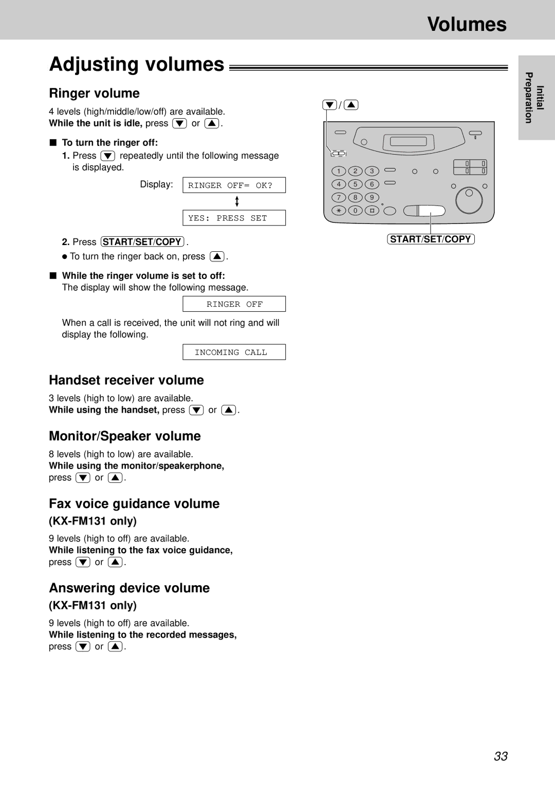 Panasonic KX-FM131CX, KX-FP105CX, KX-FP105BX, KX-FM131BX operating instructions Volumes Adjusting volumes 