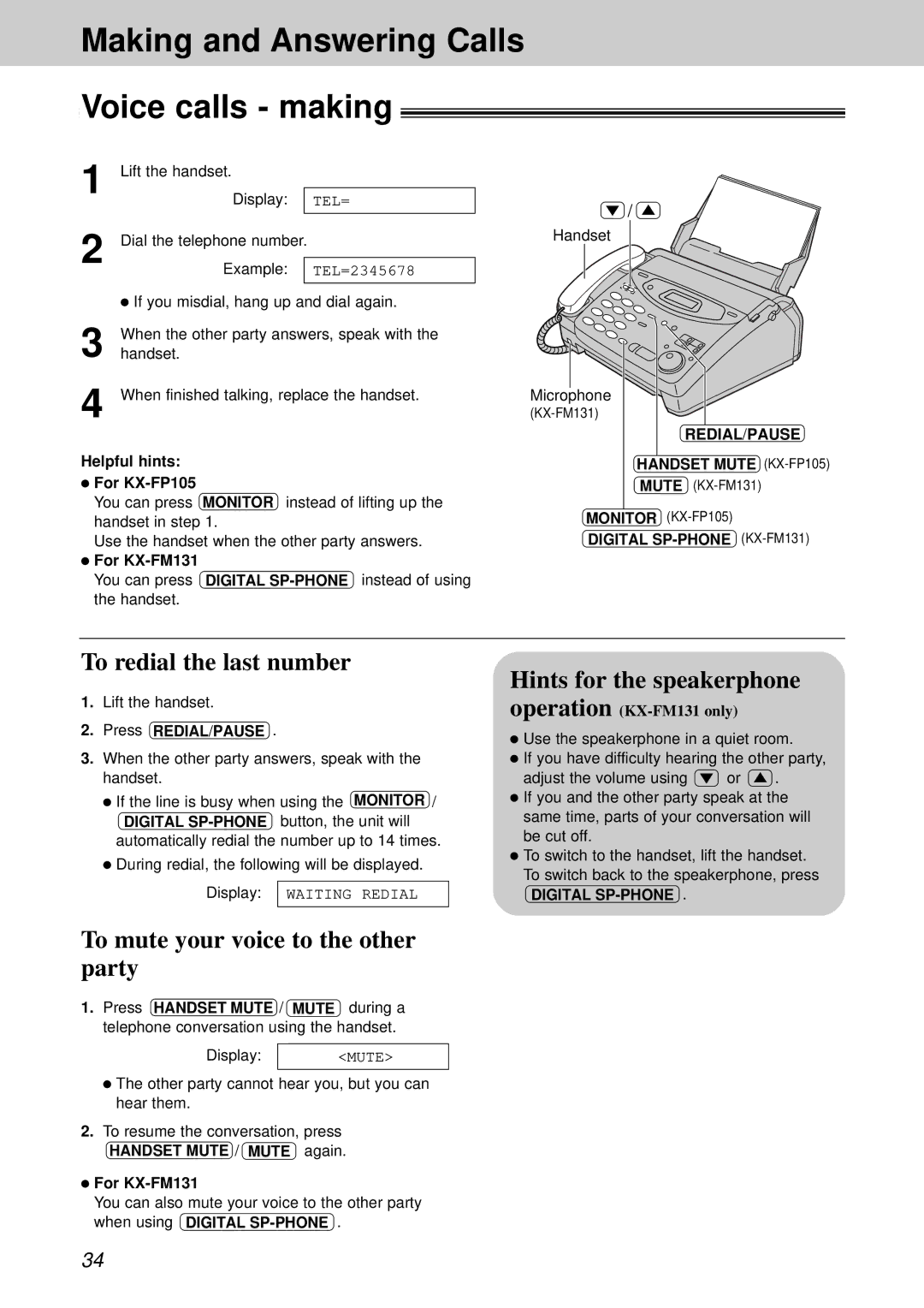 Panasonic KX-FP105BX Making and Answering Calls Voice calls making, To redial the last number, Hints for the speakerphone 