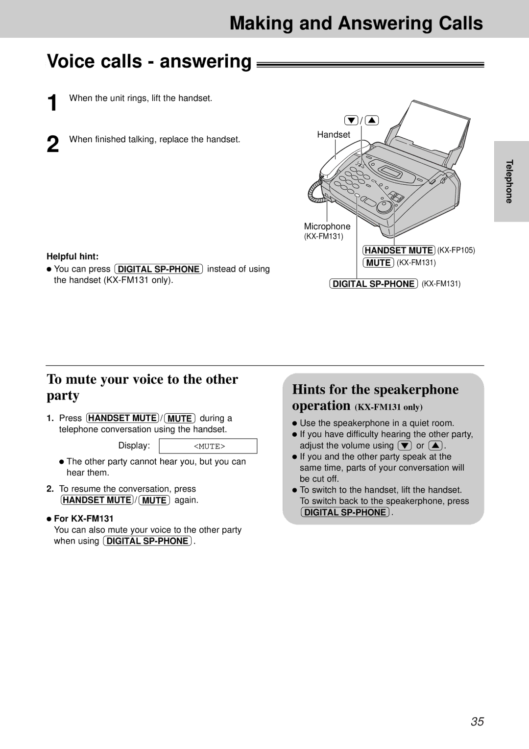 Panasonic KX-FM131BX, KX-FP105CX, KX-FM131CX Making and Answering Calls Voice calls answering, Helpful hint, Telephone 