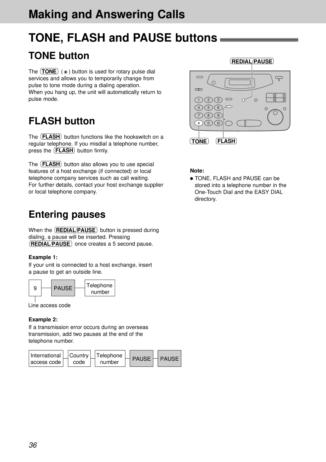 Panasonic KX-FP105CX Making and Answering Calls TONE, Flash and Pause buttons, Tone button, Flash button, Entering pauses 