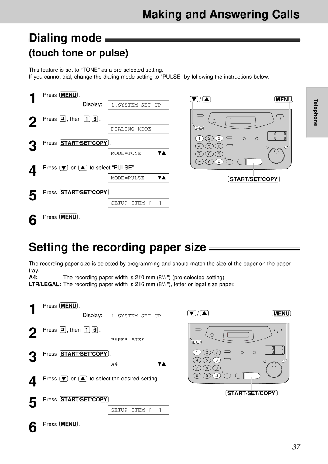 Panasonic KX-FM131CX Making and Answering Calls Dialing mode, Setting the recording paper size, Touch tone or pulse 