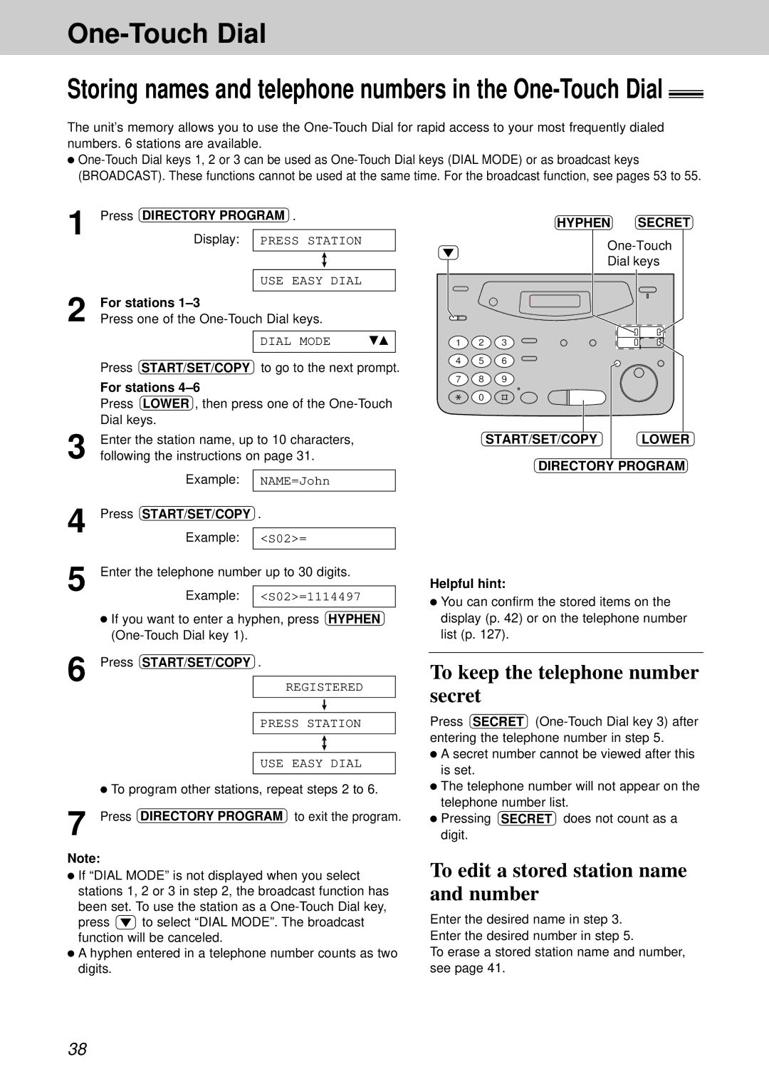 Panasonic KX-FP105BX One-Touch Dial, To keep the telephone number secret, To edit a stored station name and number 
