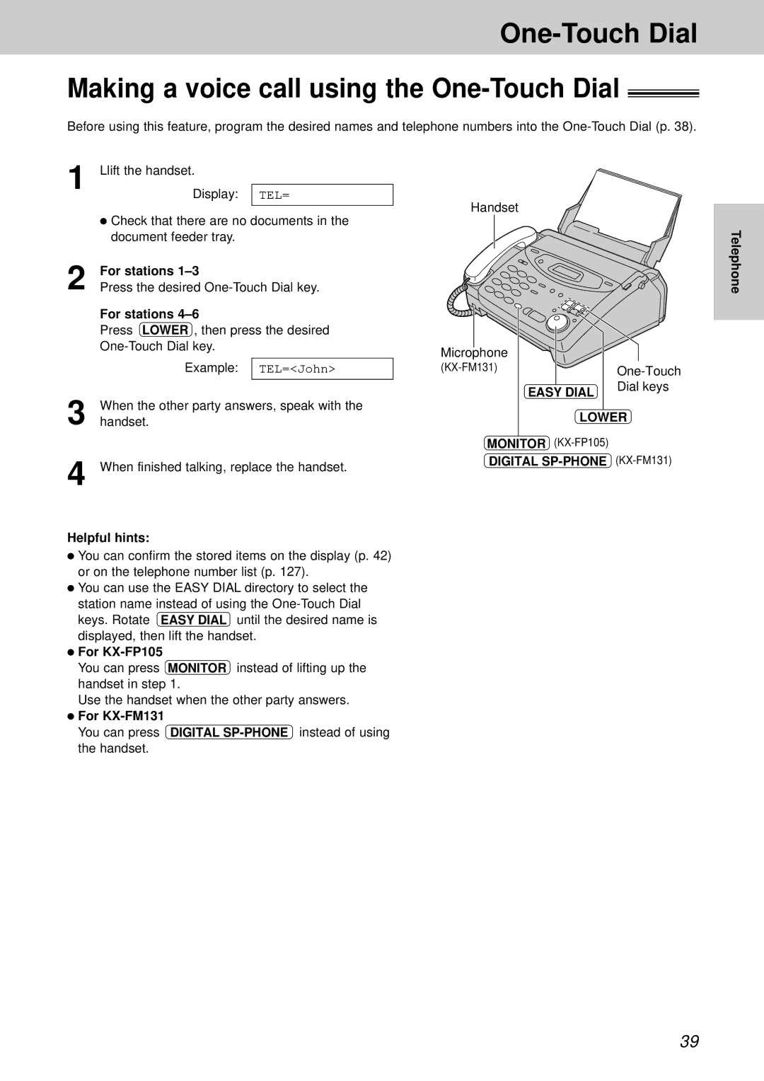 Panasonic KX-FM131BX, KX-FP105CX One-Touch Dial Making a voice call using the One-Touch Dial, Helpful hints, Lower 