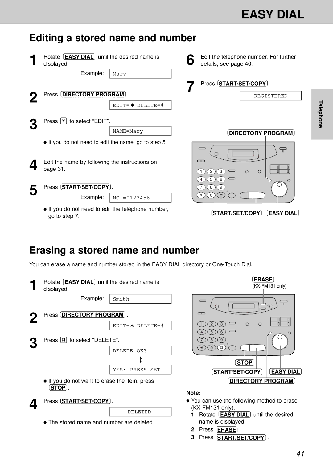 Panasonic KX-FM131CX, KX-FP105CX, KX-FP105BX Editing a stored name and number, Erasing a stored name and number, Erase 