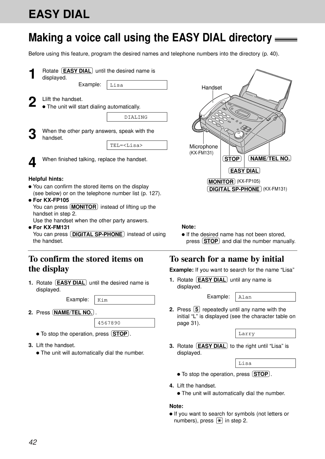 Panasonic KX-FP105BX To confirm the stored items on the display, To search for a name by initial, Press NAME/TEL no 