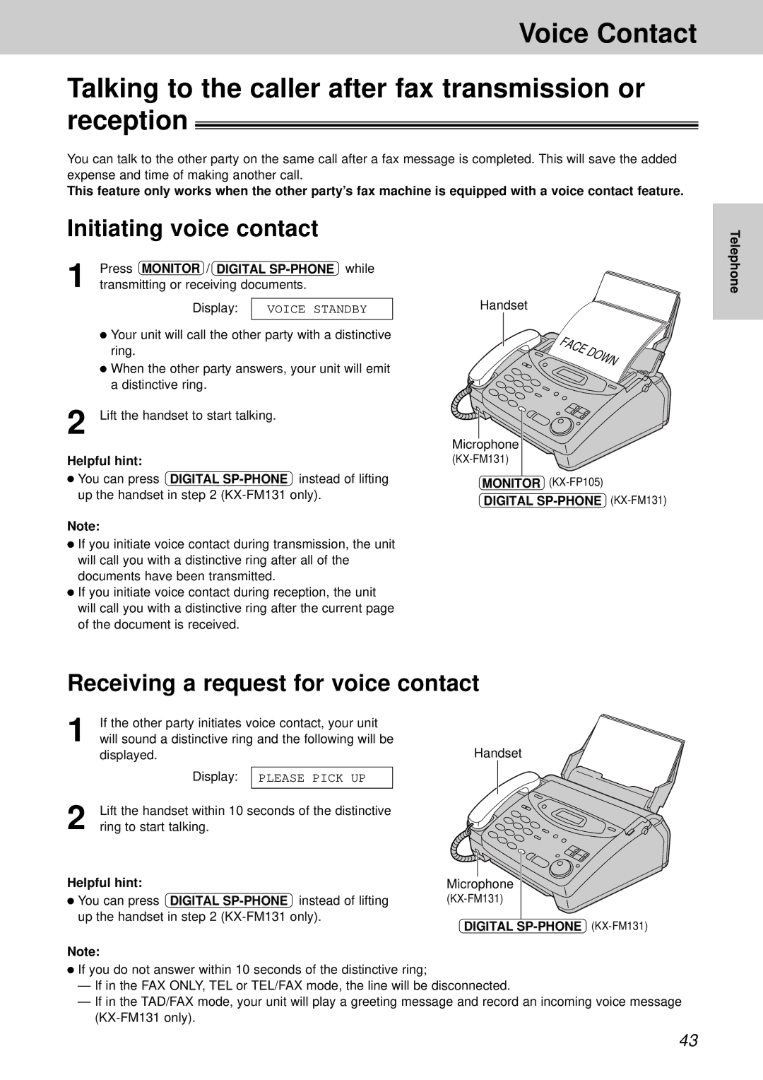 Panasonic KX-FM131BX, KX-FP105CX, KX-FM131CX, KX-FP105BX Initiating voice contact, Receiving a request for voice contact 