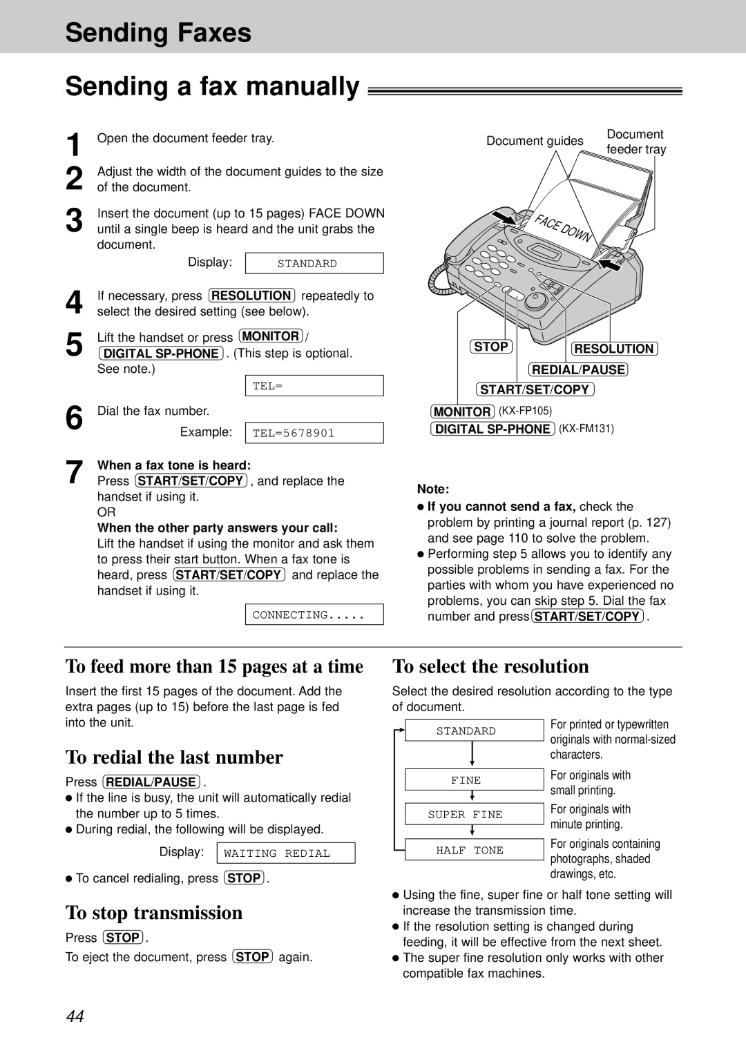 Panasonic KX-FP105CX Sending Faxes Sending a fax manually, To feed more than 15 pages at a time, To select the resolution 