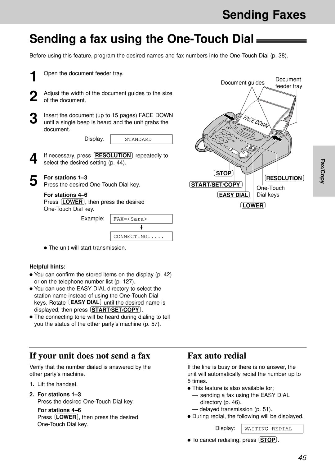 Panasonic KX-FM131CX, KX-FP105CX Sending Faxes Sending a fax using the One-Touch Dial, If your unit does not send a fax 