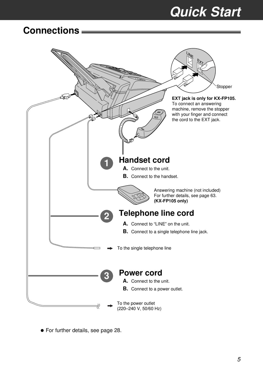 Panasonic KX-FM131CX, KX-FP105CX, KX-FP105BX Connections, Handset cord, Telephone line cord, Power cord, KX-FP105 only 