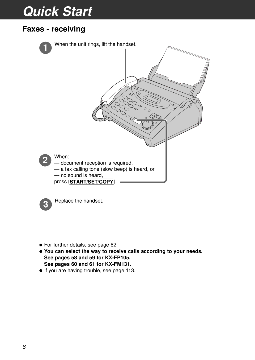 Panasonic KX-FP105CX, KX-FM131CX, KX-FP105BX, KX-FM131BX operating instructions Faxes receiving 