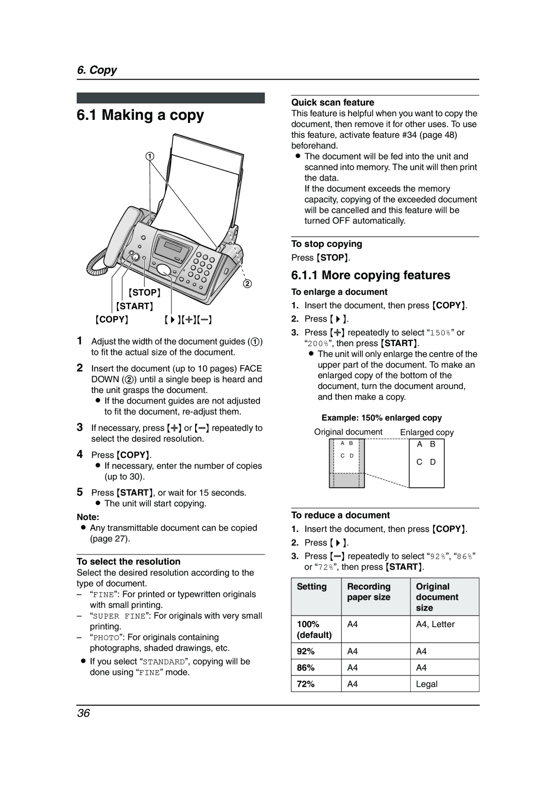 Panasonic KX-FP141AL, KX-FP145AL manual Making a copy, More copying features, Stop Start 