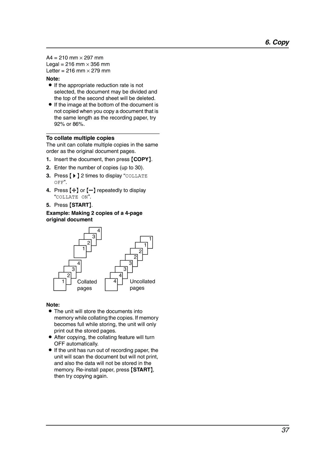 Panasonic KX-FP145AL, KX-FP141AL manual To collate multiple copies, Example Making 2 copies of a 4-page original document 