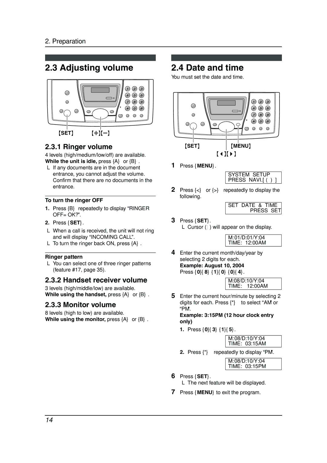 Panasonic KX-FP143HK Adjusting volume Date and time, Ringer volume, Handset receiver volume, Monitor volume 