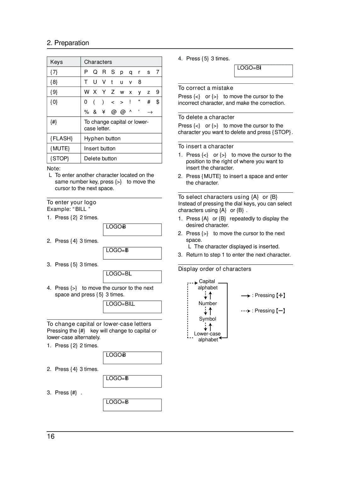 Panasonic KX-FP143HK Keys Characters, Hyphen button, Insert button, Delete button, To enter your logo Example Bill 