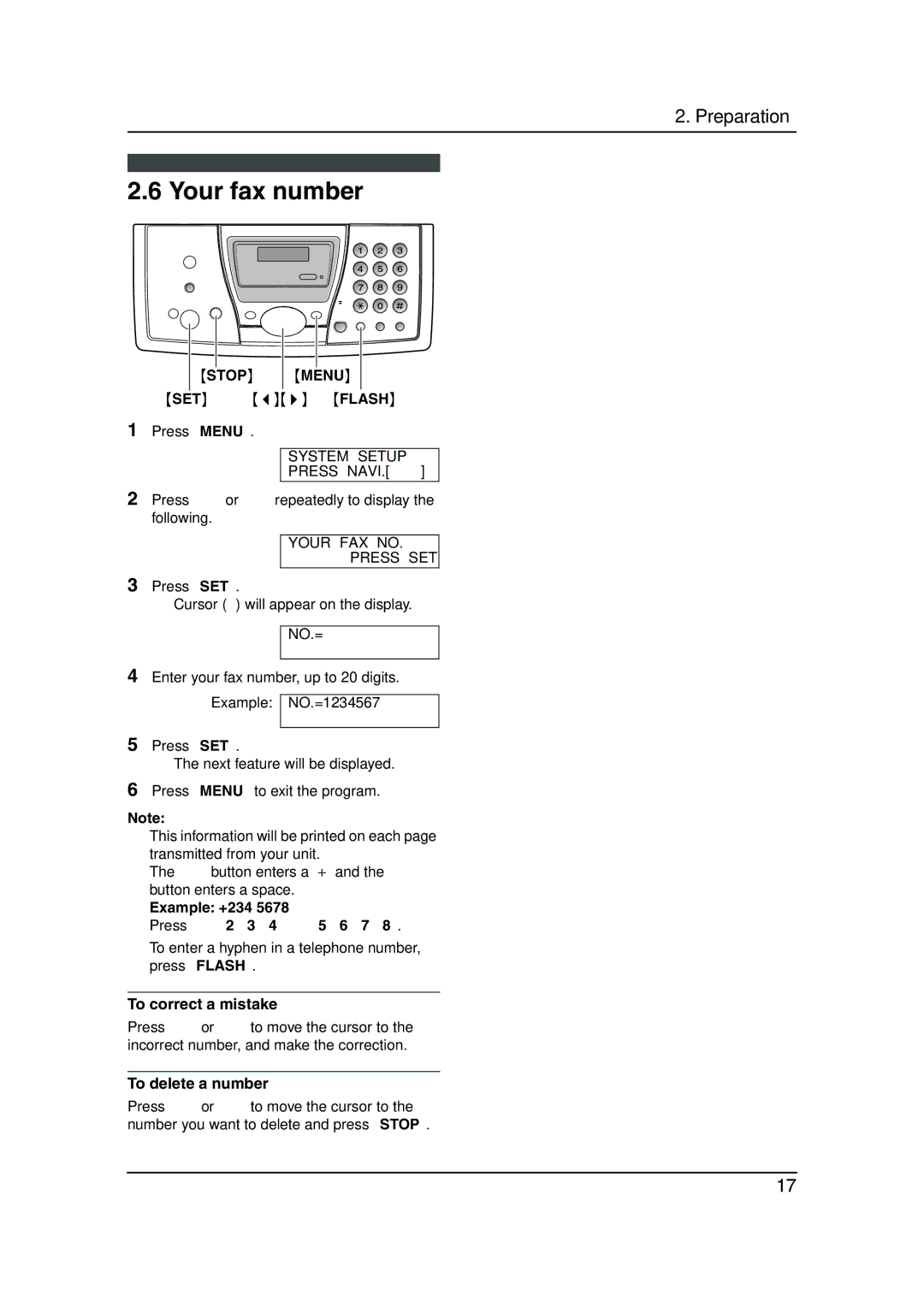 Panasonic KX-FP143HK Your fax number, Stop Menu, Your FAX no Press SET, Example +234, To delete a number 