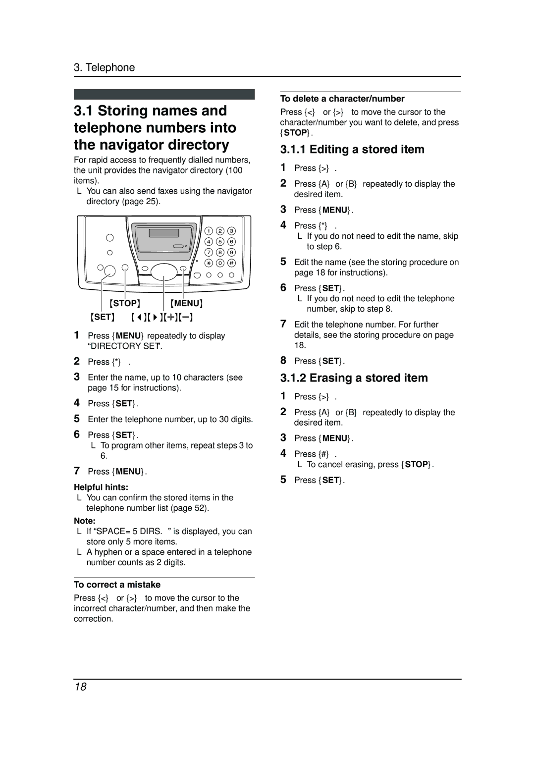 Panasonic KX-FP143HK Editing a stored item, Erasing a stored item, Stop Menu, Helpful hints, To delete a character/number 