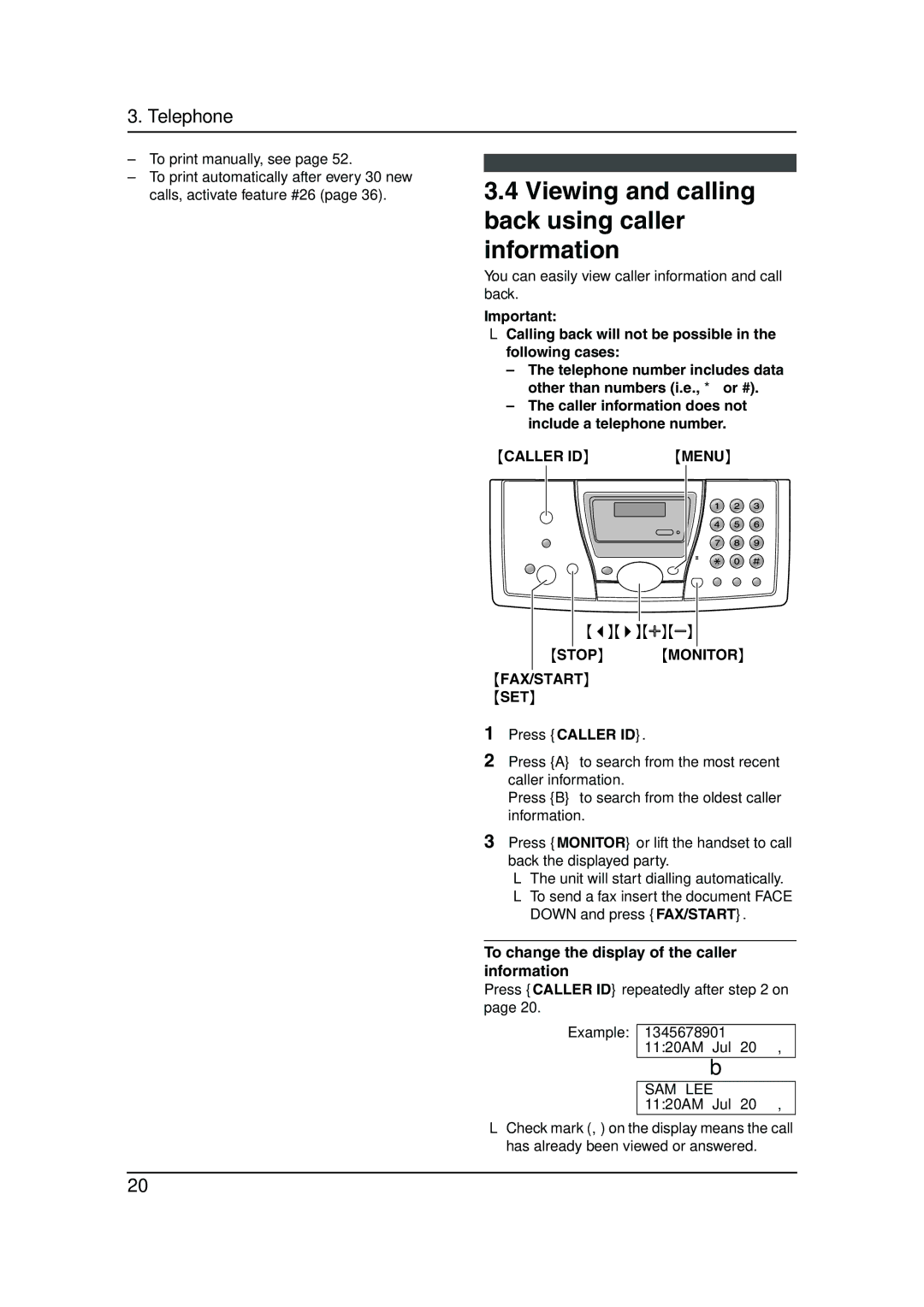 Panasonic KX-FP143HK Viewing and calling back using caller information, Stop Monitor FAX/START SET, Sam Lee 