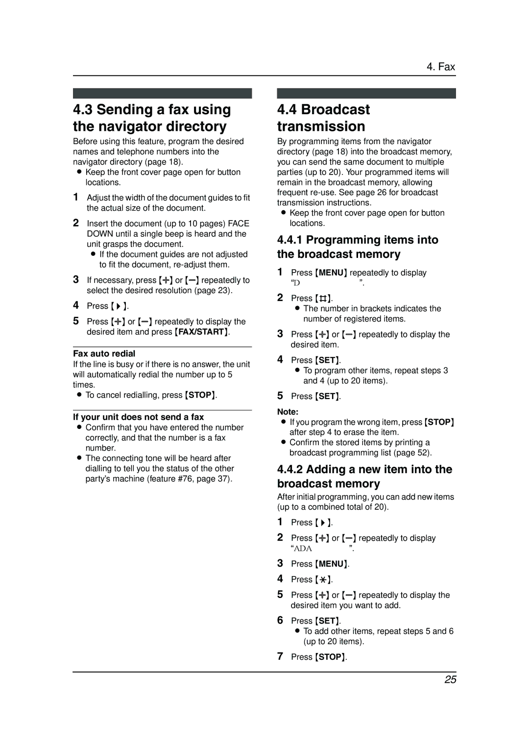 Panasonic KX-FP143HK operating instructions Sending a fax using the navigator directory, Broadcast transmission 