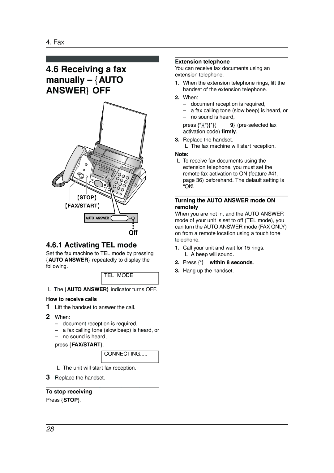 Panasonic KX-FP143HK operating instructions Receiving a fax manually Auto Answer OFF, Activating TEL mode, Stop FAX/START 