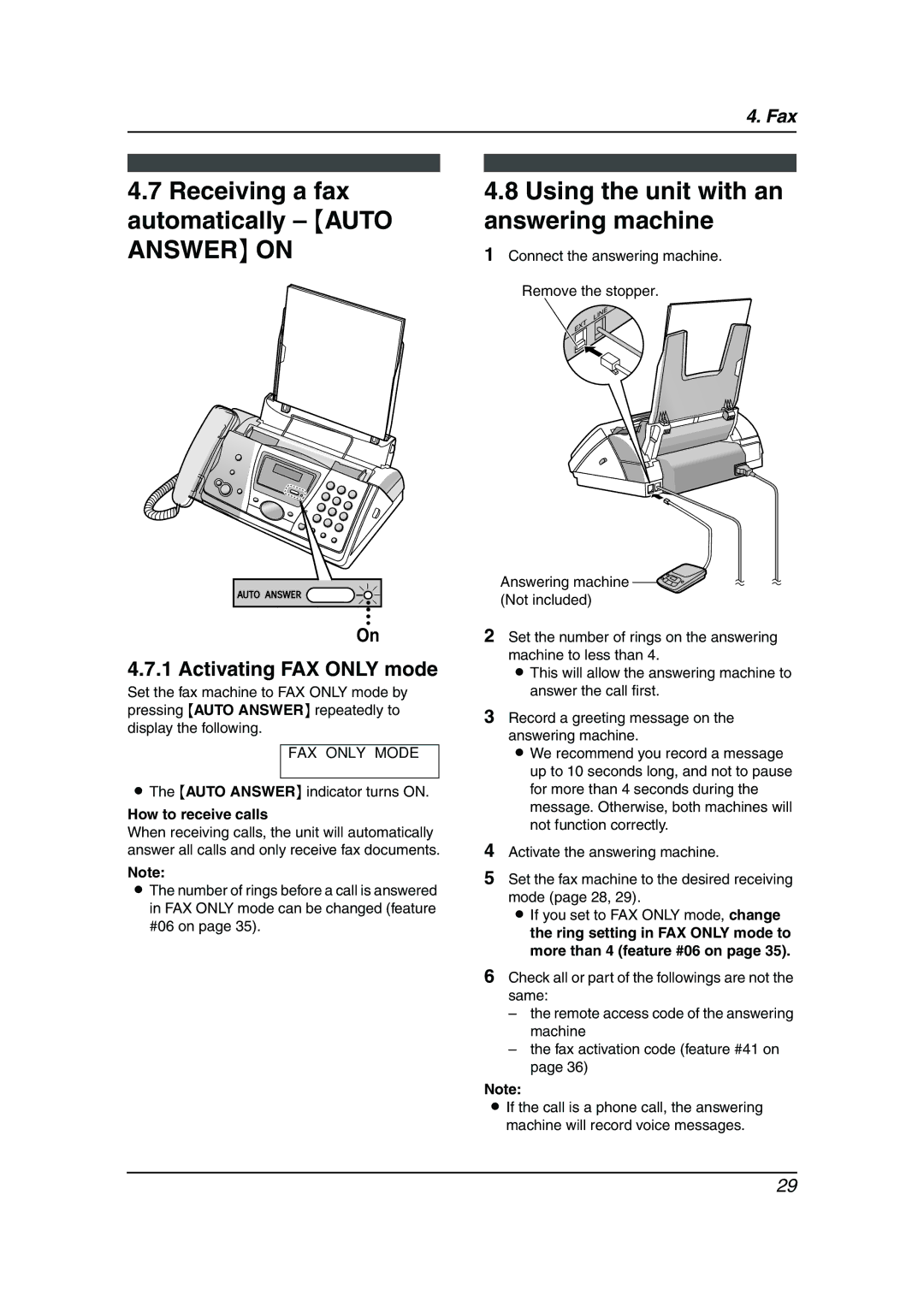 Panasonic KX-FP143HK Receiving a fax Automatically Auto Answer on, Using the unit with an answering machine, FAX only Mode 