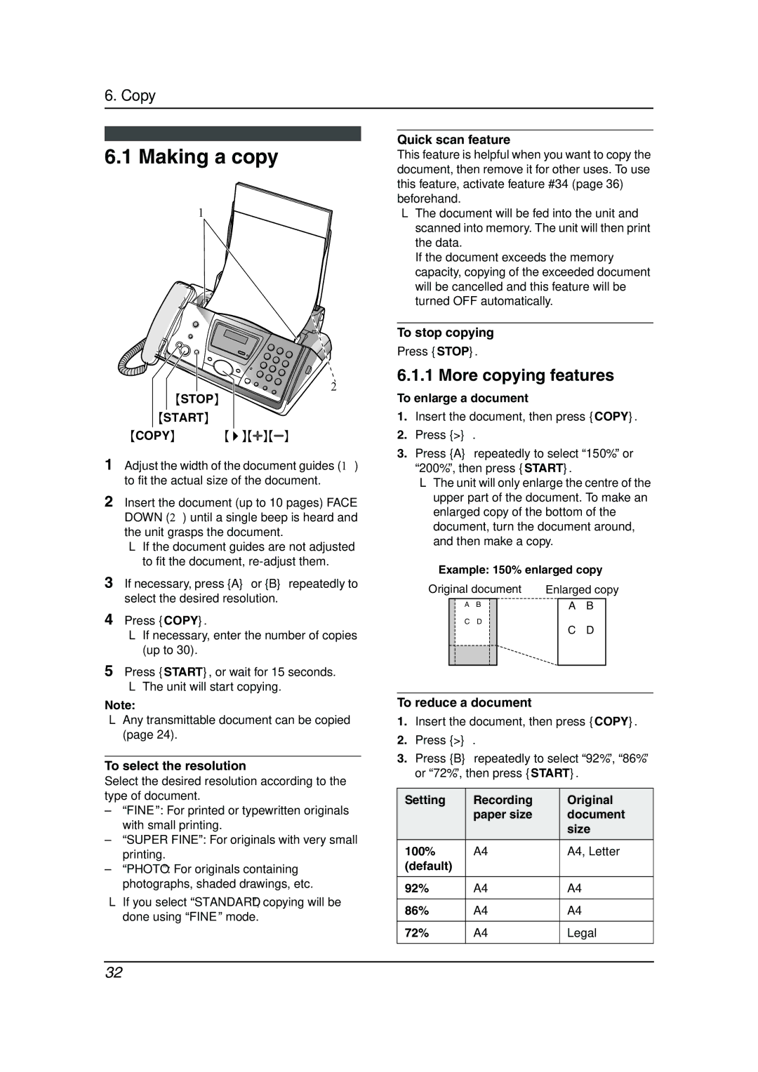 Panasonic KX-FP143HK operating instructions Making a copy, More copying features, Stop Start 