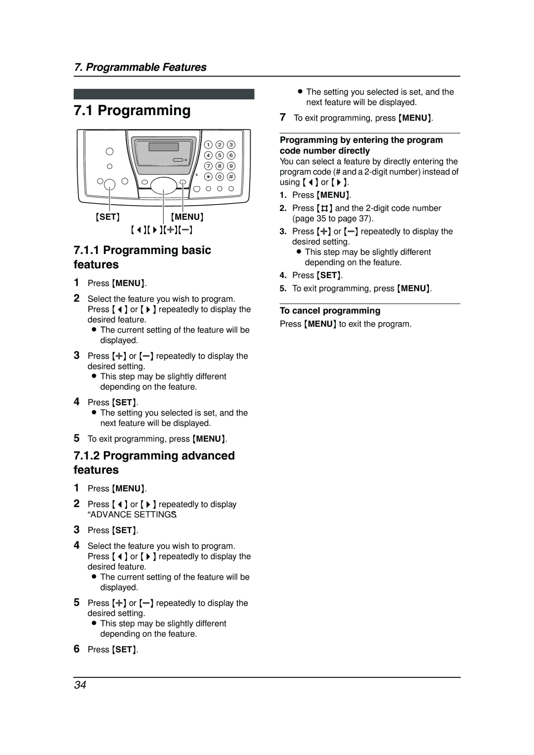 Panasonic KX-FP143HK Programming basic features, Programming advanced features, To cancel programming 