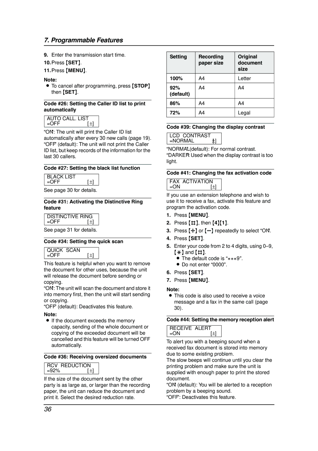 Panasonic KX-FP143HK Code #26 Setting the Caller ID list to print automatically, Code #27 Setting the black list function 